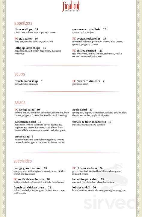 O Final Cut Restaurante De Hollywood Casino Menu